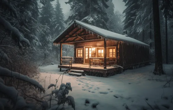 Winter, forest, snow, night, New Year, frost, Christmas, hut