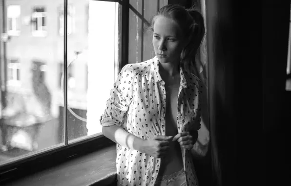 Girl, pose, black and white, window, photoshoot, Alex Nemalevich