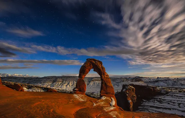 The sky, stars, mountains, rocks, arch, USA, Arches National Park, uta