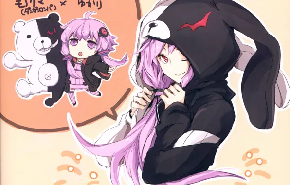 Smile, hood, vocaloid, Chibi, ears, art, pink hair, Yuzuki Up