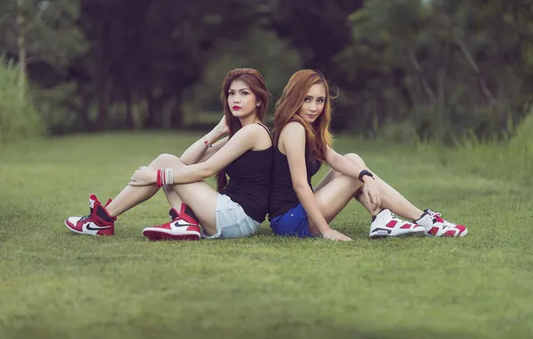 Picture field, grass, girls, pair, lawn, Asian girls, brown-haired women