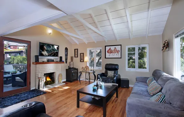 Design, photo, table, sofa, interior, fireplace, living room