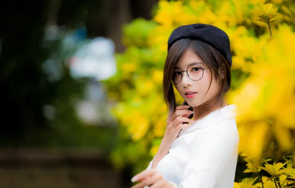 Beauty, glasses, Asian, gesture, beauty, blurred background, asian, glasses