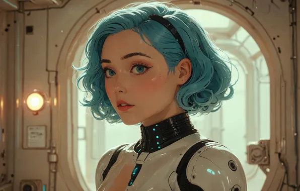 Girl, costume, armor, blue hair