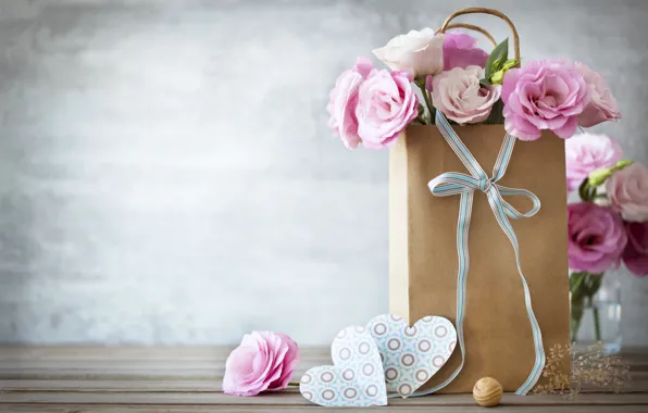 Heart, bag, bow, romantic, lovely, eustoma, Heart, Eustoma