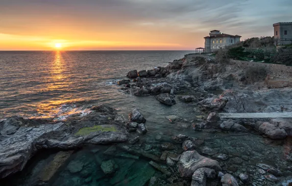 Sea, the sun, sunset, stones, castle, dawn, shore, Italy