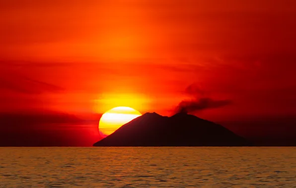 Sea, the sun, sunset, island, the volcano, Italy, Stromboli