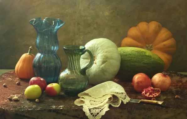 Apples, pumpkin, still life, items, grenades, napkin, composition, decanter