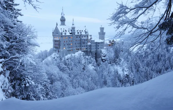 Winter, forest, snow, trees, castle, Germany, Bayern, Germany