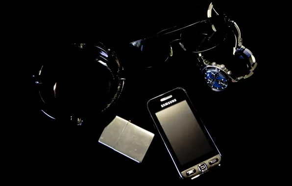 Watch, Zippo, lighter, glasses, phone, ashtray, Samsung, Swatch