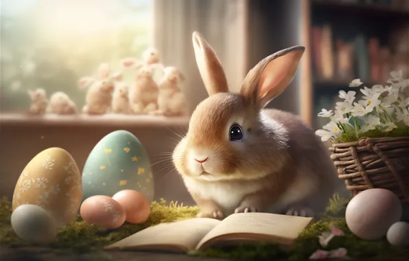 Light, flowers, room, holiday, moss, eggs, spring, rabbit