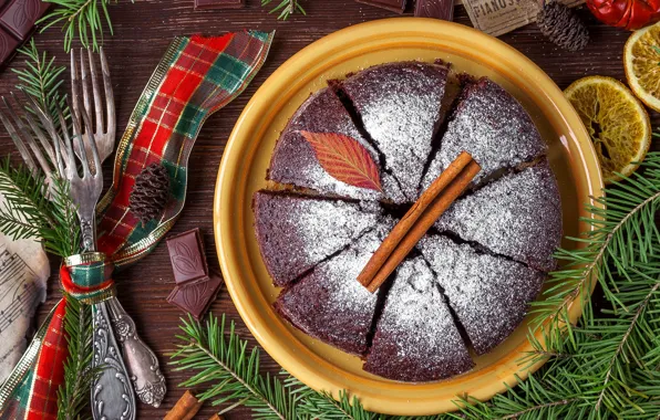 Tree, chocolate, Christmas, pie, New year, cakes, fork