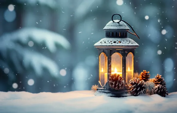 Winter, snow, night, Christmas, lantern, New year, Christmas, night