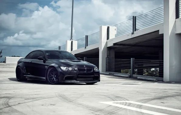 Picture the sky, clouds, black, bmw, BMW, Parking, wheels, black