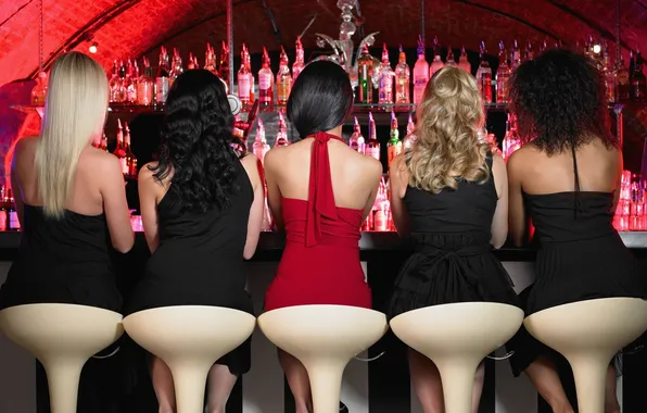 BRUNETTE, BLONDE, VIEW, BACK, Brown-haired women, STAND, BLACK, DRESSES