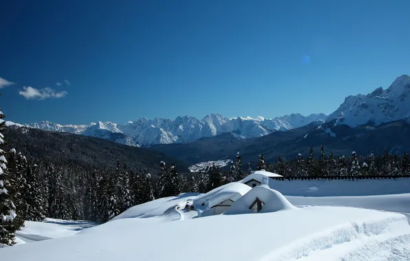 Snow, landscape, mountains, house