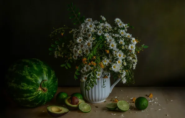 Picture chamomile, bouquet, watermelon, lime, avocado