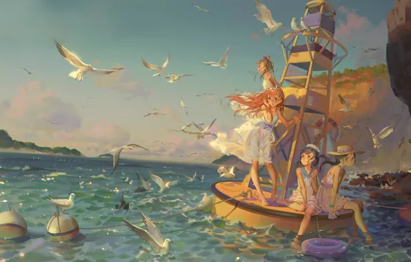 Summer, river, the wind, shore, seagulls, red, adventure, vacation