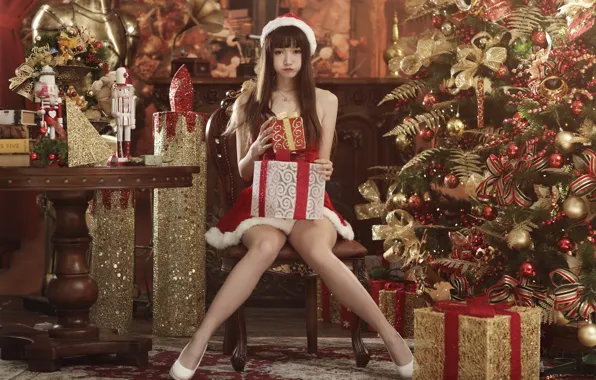 Picture girl, holiday, gift, toy, tree, new year, costume, legs