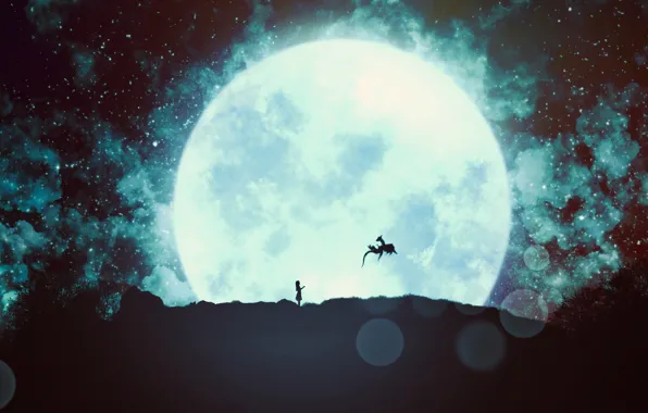 Girl, the moon, dragon, fantasy