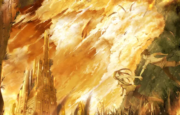 Picture the sky, girl, castle, pair, guy, orange tones