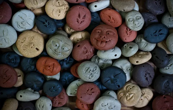 Blue, stones, grey, red, face, brown, faces, figures