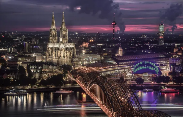 Night, bridge, the city, lights, Germany, Cathedral, tower, architecture