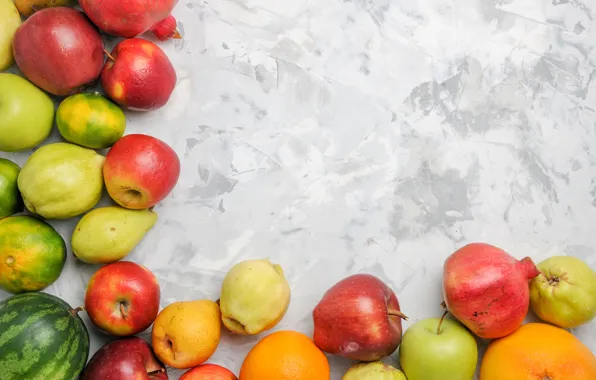 Apples, oranges, watermelon, lime, fruit, light background, citrus, pear