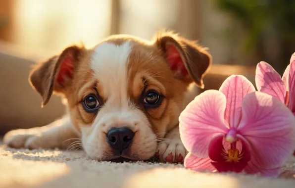 Look, light, flowers, pose, carpet, portrait, dog, window