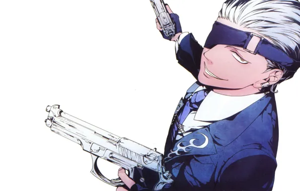 Guns, costume, tie, white background, grin, mafia, blonde, eye patch