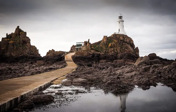 The storm, reflection, lighthouse, puddle, rock, gray clouds