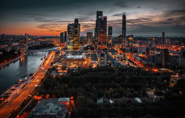 Road, the city, river, building, home, the evening, lighting, Moscow