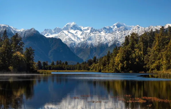 Picture the sky, the sun, trees, mountains, lake, New Zealand, New Zealand, Lake Matheson