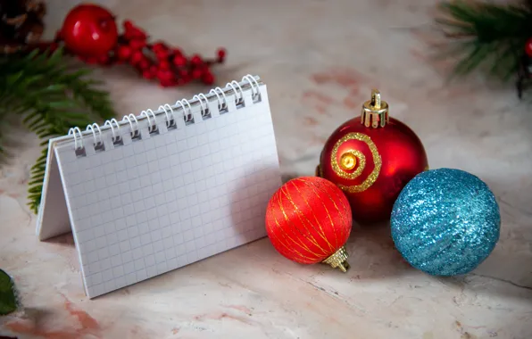 Balls, Christmas, New year, Notepad, Christmas decorations