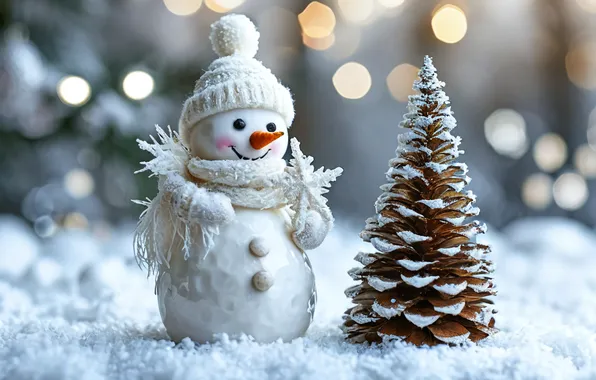 Snow, New year, Bokeh, Christmas decorations, Snowman, Bump, Miniature, New Year's Eve