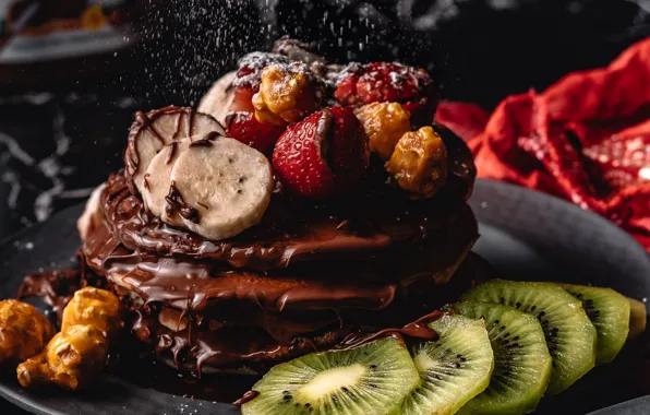 Chocolate, kiwi, strawberry, plate, fruit, nuts, banana, powdered sugar