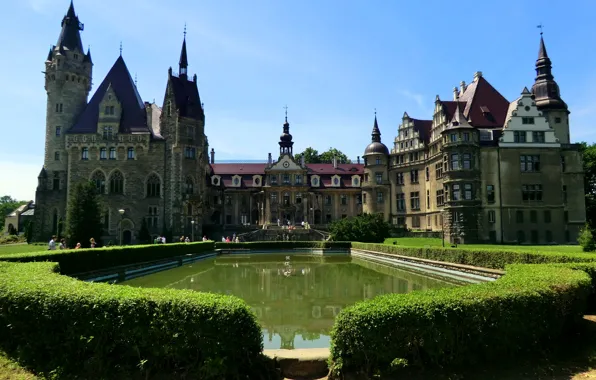 Picture the city, photo, castle, Poland, the bushes, fountains, Moszna Castle