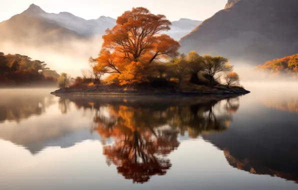 Autumn, trees, landscape, mountains, nature, fog, lake, reflection