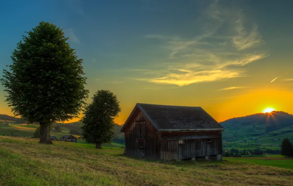 Picture field, trees, sunset, Switzerland, house