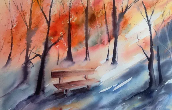 Autumn, watercolor, bench