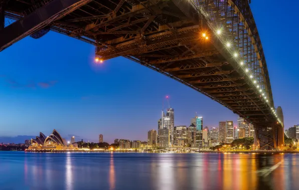 Bridge, building, home, Australia, Bay, Sydney, night city, skyscrapers
