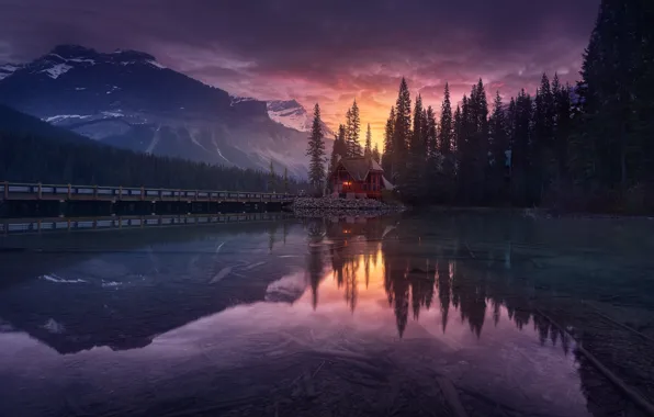 Picture forest, the sky, mountains, lake, the evening, Canada, house