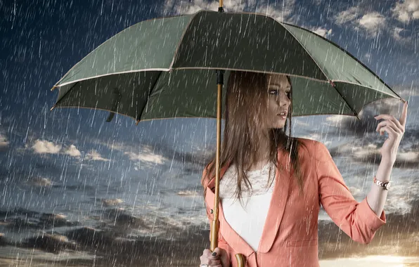 Girl, clouds, rain, umbrella, brown hair