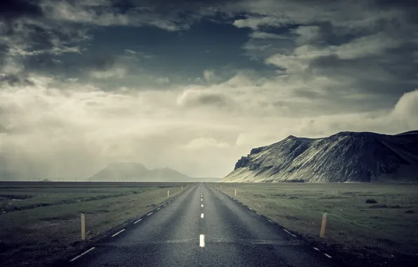 Road, field, the sky, clouds, hills