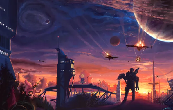 Girl, flowers, weapons, planet, building, ships, battle, silhouette