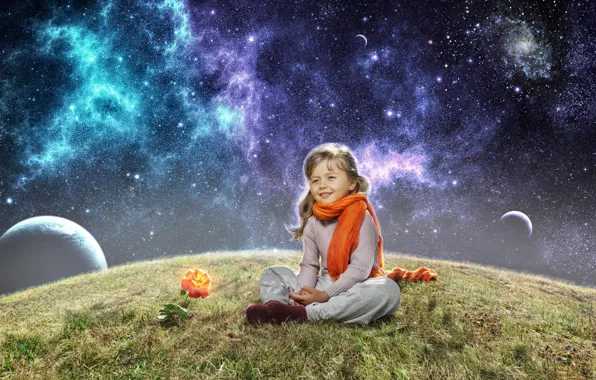 Picture space, rose, planet, girl, scarf, child