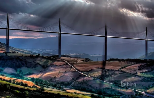 Clouds, rays, mountains, France, field, viaduct, the valley of the river tarn, Millau
