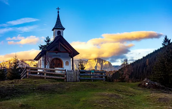 Sunset, mountains, chapel