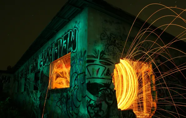 Night, fire, graffiti, sparks