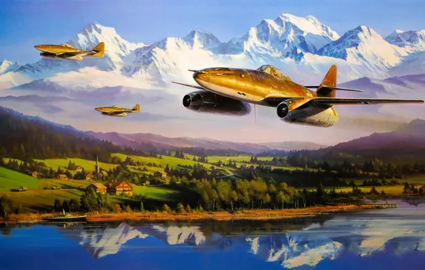 Picture war, art, airplane, painting, jet, ww2, Messerschmitt Me 262
